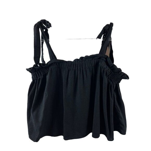 Eloquii Elements Linen Blend Tie Shoulder Ruffled Cropped Tank Top Black Size 18 - Picture 2 of 9